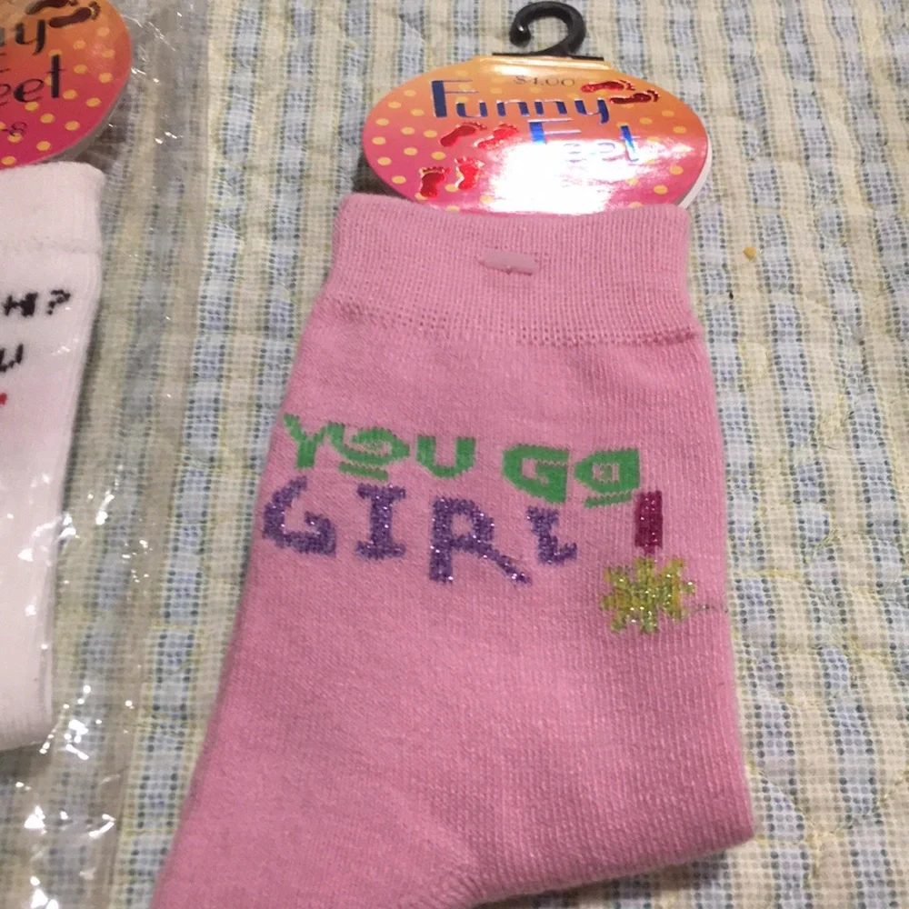 Funny Feet 3 Pr Girls Silly saying Socks NEW Sz 6-8/9-11 You Go Girl Puppy Love